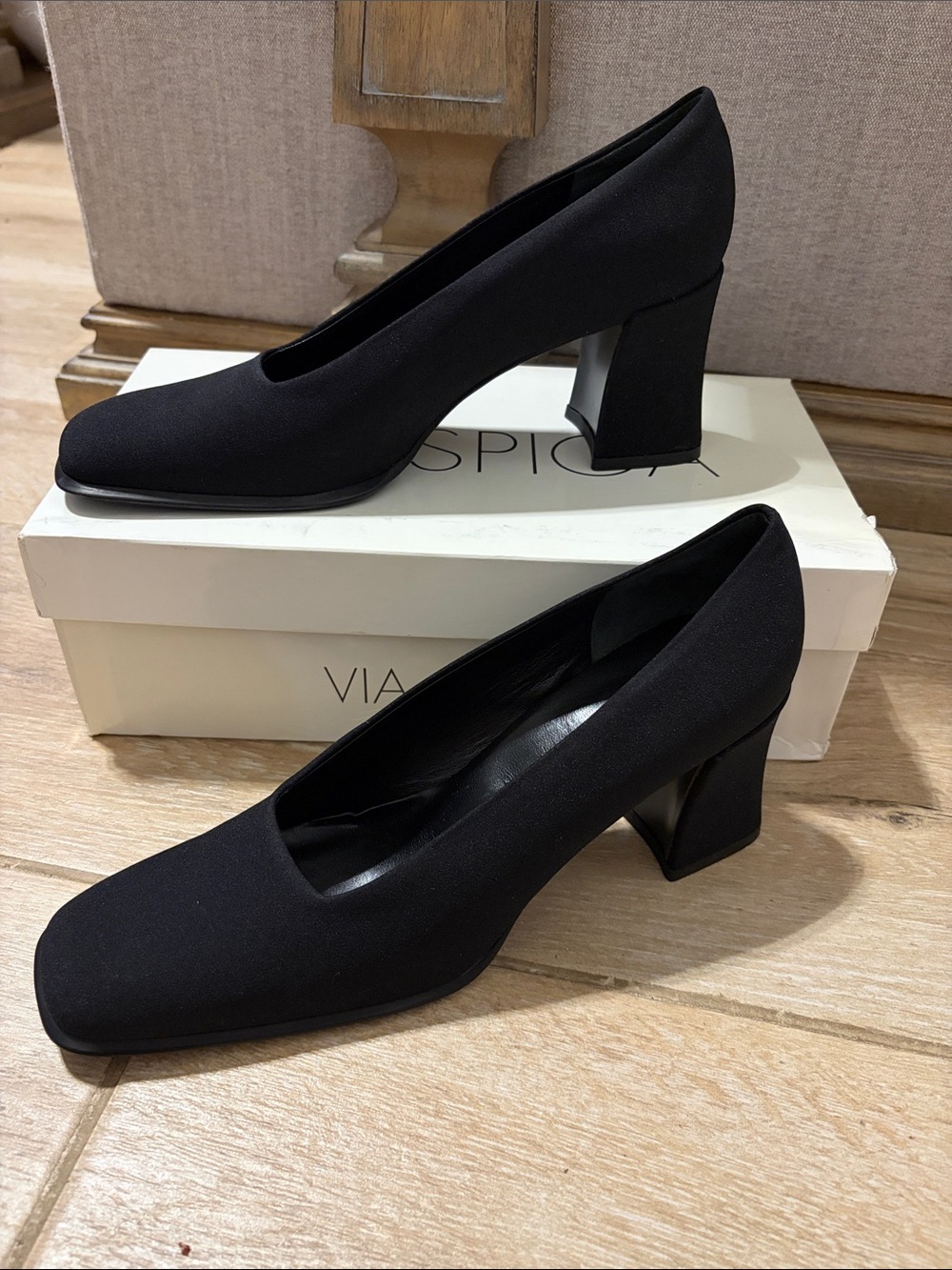 Via Spiga Black Block Heel Pumps